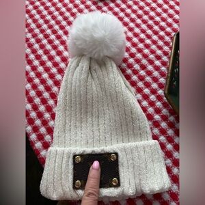 Minky Pom Pom Hat Cap with Designer Patch Repurposed New with Tags, Adult OS